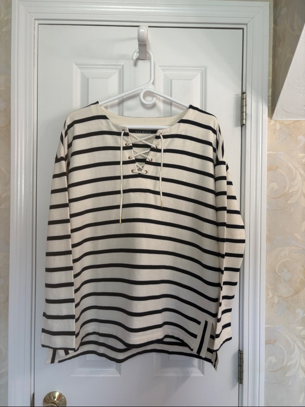 Talbots Cream and Black Striped Lace-Up Long Sleeve Top
